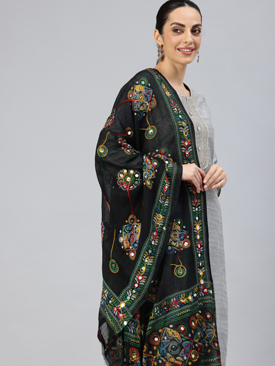 swatika Ethnic Motifs Embroidered Pure Cotton Dupatta With Mirror Work