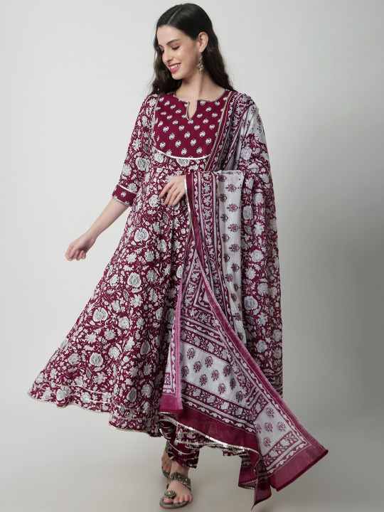 Rubellite Floral Printed Gotta Patti Anarkali Kurta With Trousers & Dupatta