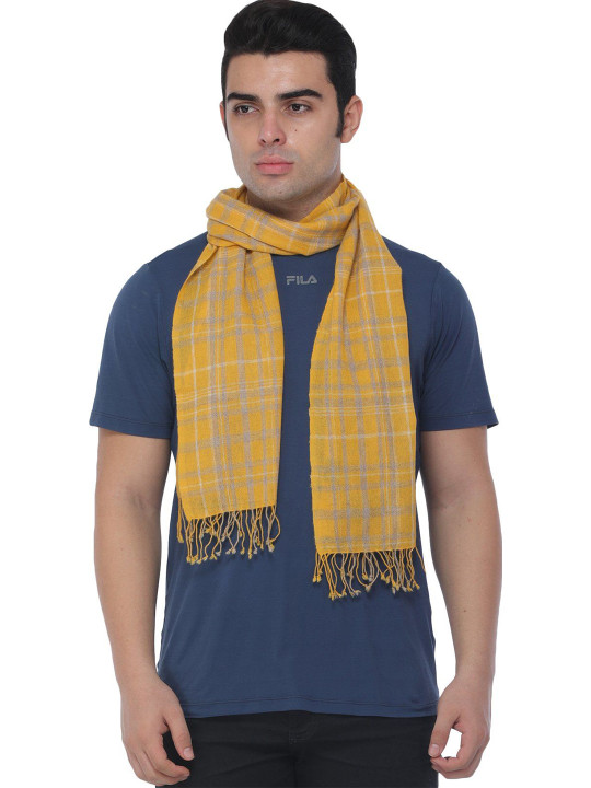 Exotic India Old Gold Checks Woven Pure Cashmere Wool Men's Scarf