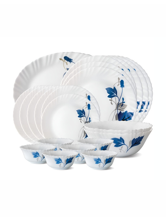 Larah by BOROSIL 21 Pcs White & Blue Opalware Dinner Set
