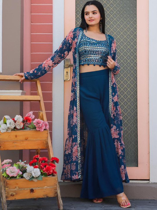 TextileNow Embellished ROund Neck Top & Flared Palazzo & Shrug Co-Ords
