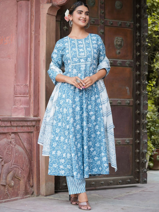 KALINI Women Floral Printed Regular Pure Cotton Kurta with Trousers & With Dupatta