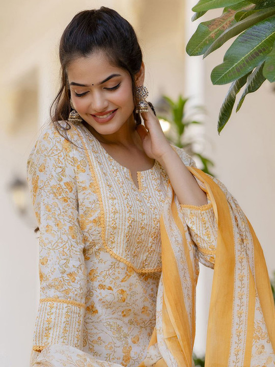 Anouk Women Floral Printed Regular Aari Work Pure Cotton Kurta with Palazzos & With Dupatta