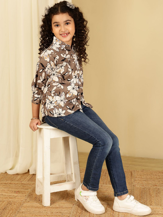 BAESD Girls Floral Printed Gathered Shirt Style Top