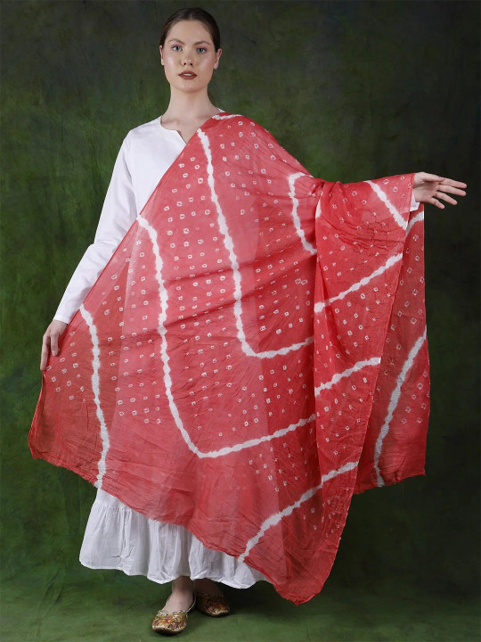 Exotic India Coral Paradise Pure Cotton Bandhani Leheria Tie-Dye Dupatta