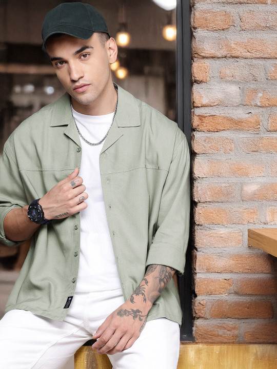 Roadster The Life Co. Cuban Collar Drop-Shoulder Sleeves Relaxed Fit Casual Shirt