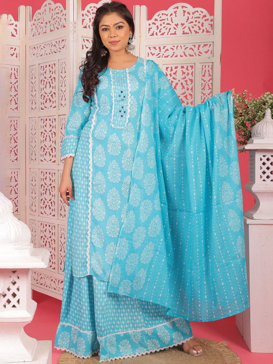 PARTHVI Floral Printed Round Neck Thread Work Straight Kurta with Skirt & Dupatta
