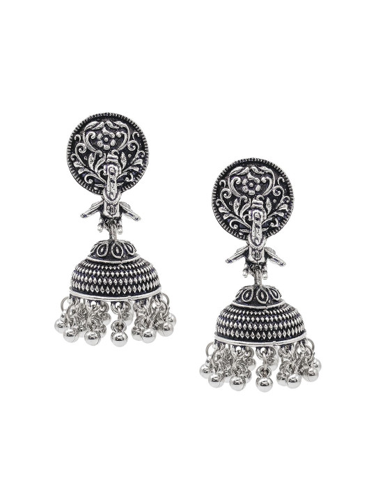 Shining Jewel - By Shivansh Silver-Plated Oxidised Contemporary Jhumkas
