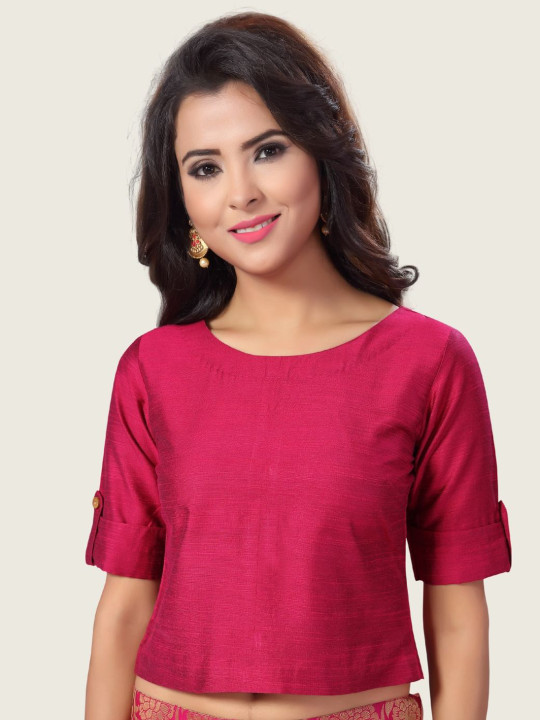 Studio Shringaar Boat Neck Short Sleeves Cotton Non-Padded Saree Blouse