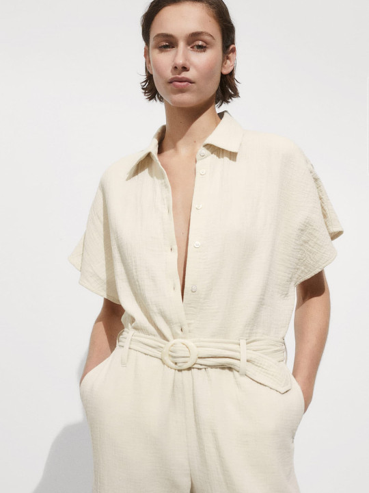 MANGO Flared Extended Sleeves Pure Cotton Textured Basic Jumpsuit