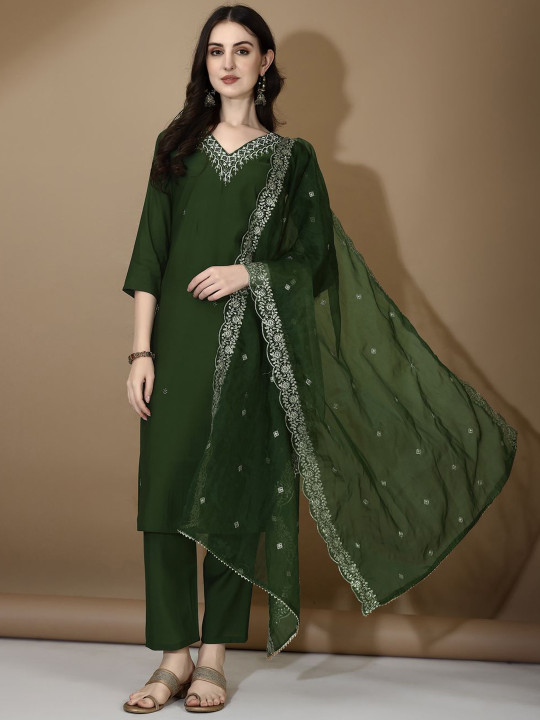 KALINI Embroidered Regular Beads and Stones Chanderi Cotton Kurta with Trousers & Dupatta