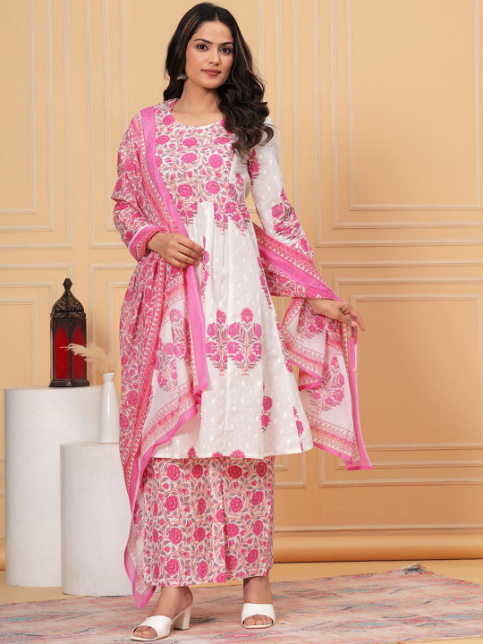 GULABI LEAF Floral Printed Empire Pure Cotton Straight Kurta With Palazzo & Dupatta