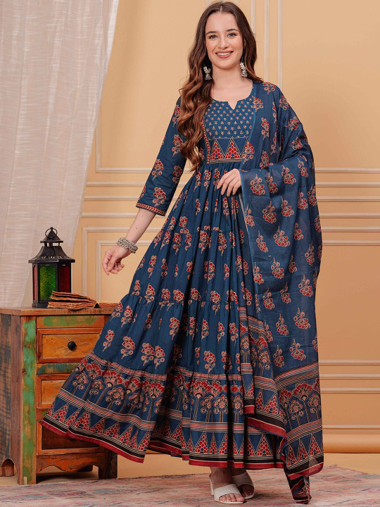 Mizaz Ethnic Motifs Printed Cotton Anarkali Kurta With Dupatta