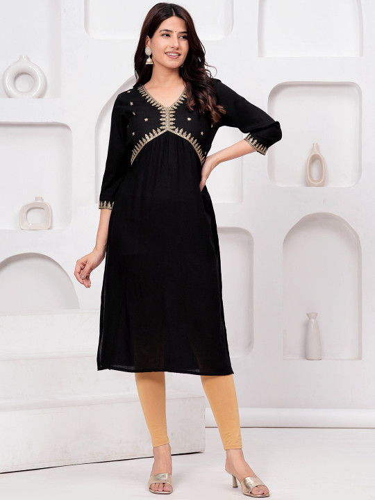 KPF Ethnic Motifs Embroidered V-Neck Thread Work Straight Kurta