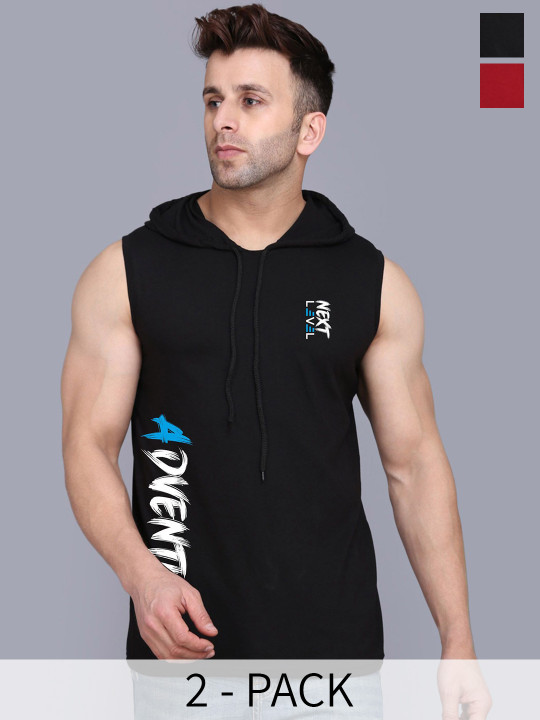 SLOWLORIS Pack of 2 Hooded Printed Sleeveless Gym Vests