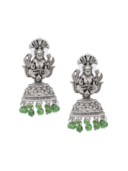 Shining Jewel - By Shivansh Silver-Plated Artificial Beads Oxidised Jhumkas Earrings