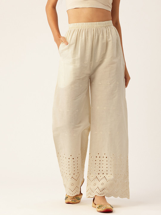 FERANOID Women Floral Embroidered Pure Cotton Ethnic Palazzos
