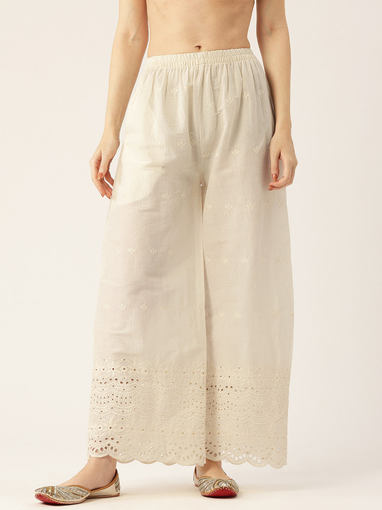 FERANOID Women Floral Embroidered Pure Cotton Ethnic Palazzos