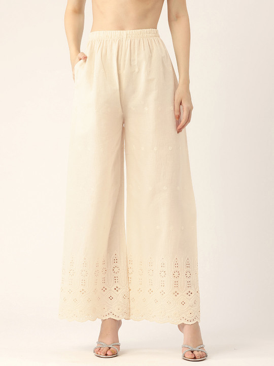 FERANOID Women Floral Embroidered Pure Cotton Ethnic Palazzos