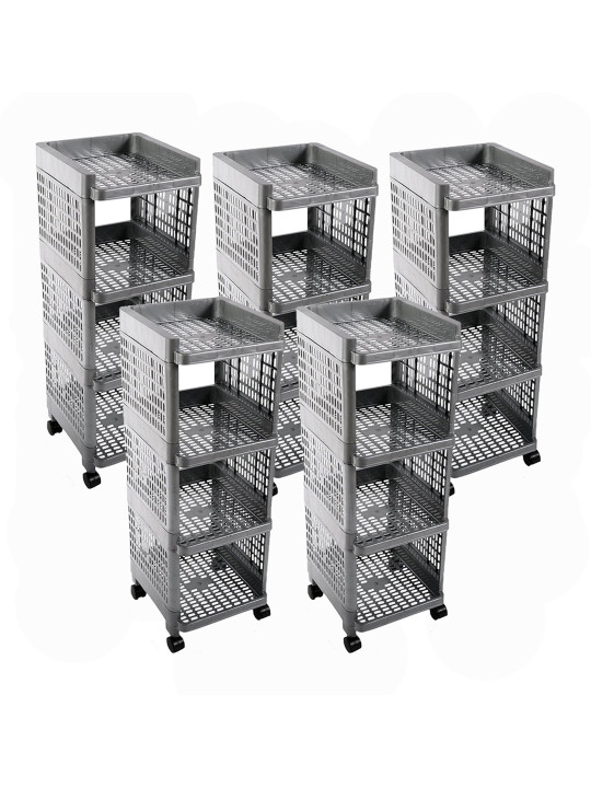 Kuber Industries Grey 5 Pieces Textured 4-Layer Plastic Multi Purpose Racks