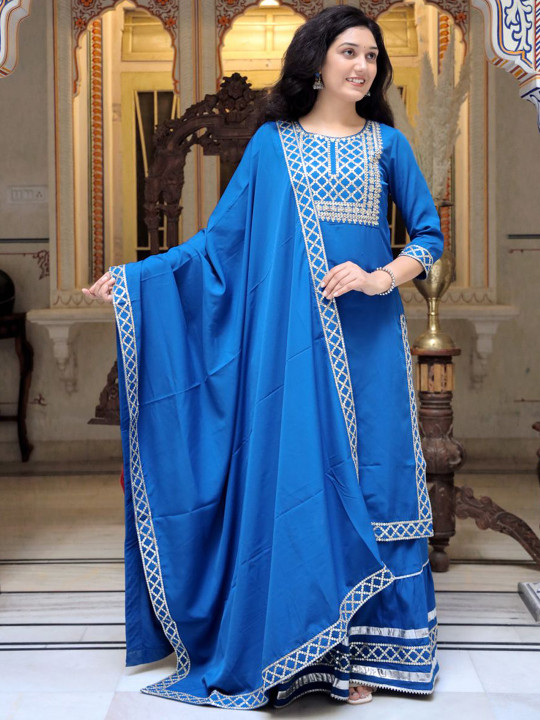 ELVISH JAIPUR Women Ethnic Motifs Yoke Design Regular Sequinned Kurta with Skirt & With Dupatta