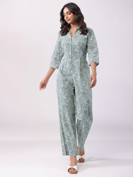 JISORA Printed Shirt Collar Pure Cotton Basic Jumpsuit