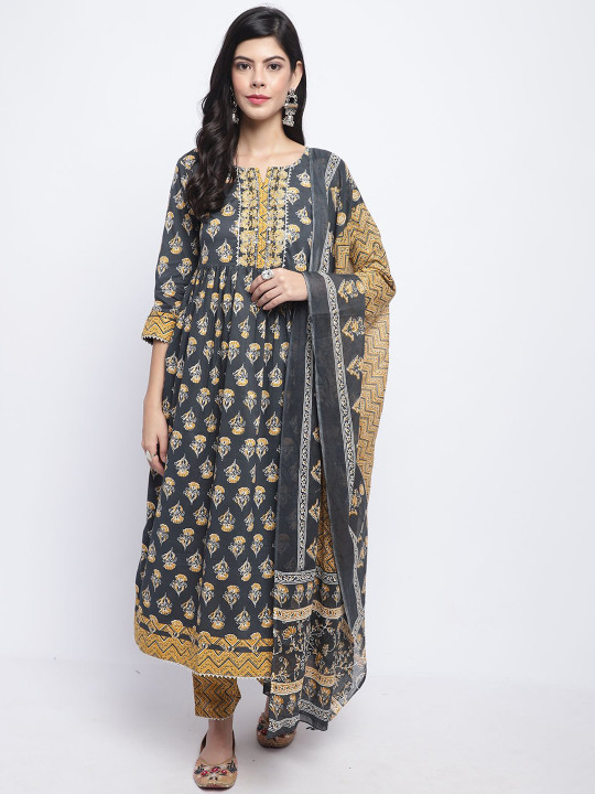 KALINI Floral Printed Regular Pure Cotton Kurta with Trousers & With Dupatta