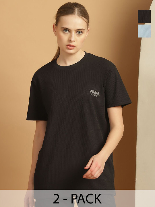 MACK JONNEY Women Pack Of 2 Solid Drop-Shoulder Sleeves Oversized T-shirts