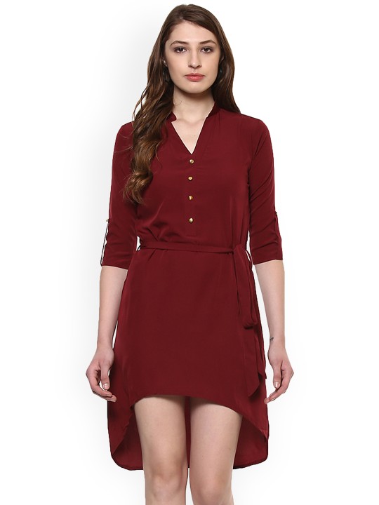 Women Maroon Solid Shirt Dress S