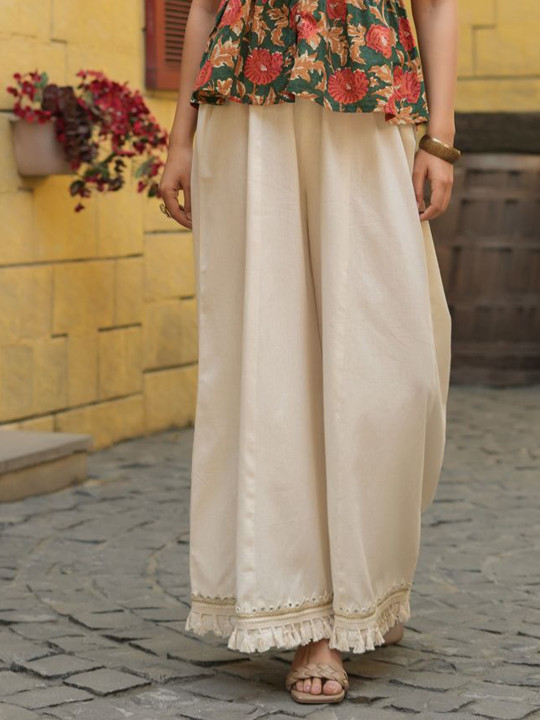 Rain & Rainbow Women Hem Design Pure Cotton Flared Palazzos