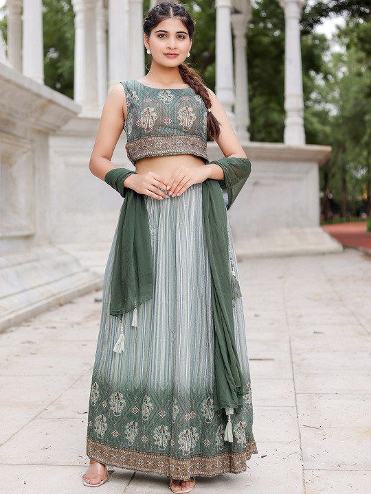 VASVI Floral Embroidered Georgette A-Line Top With Skirt & Dupatta