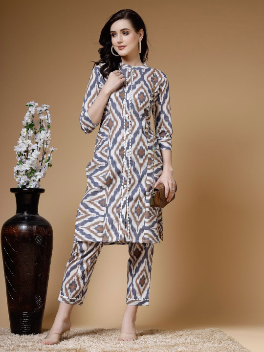 Indibelle Ikkat Printed Mandarin Collar Cotton A-Line Kurta