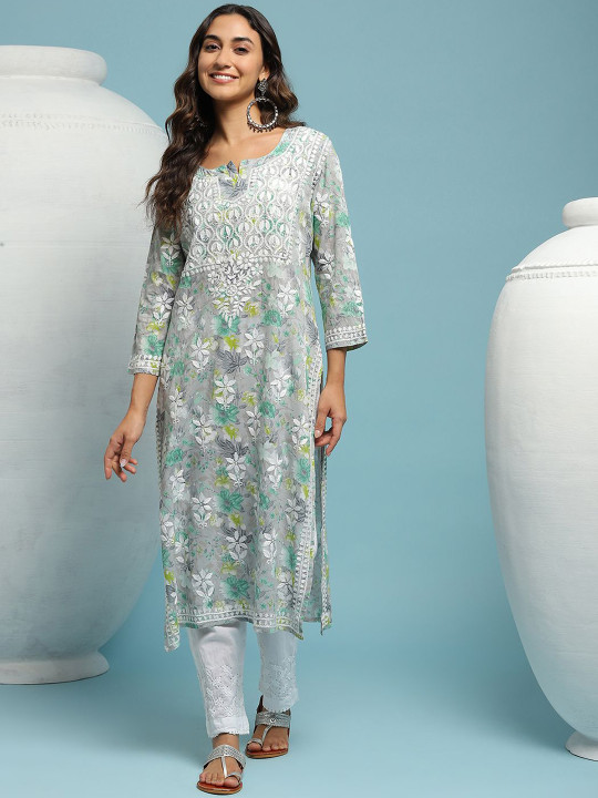 House of Chikankari Women Grey & Green Mulmul Chikankari Embroidered Kurta