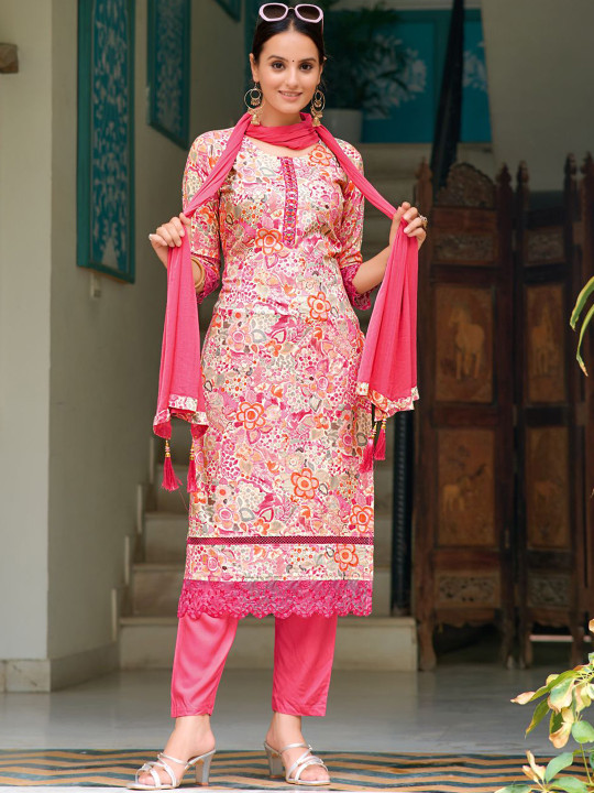 KALINI Floral Embroidered Mirror Work Straight Kurta With Trousers & Dupatta