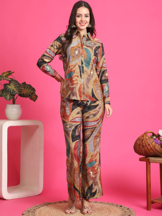 Claura Brown Printed Chanderi Silk Tunic & Trouser