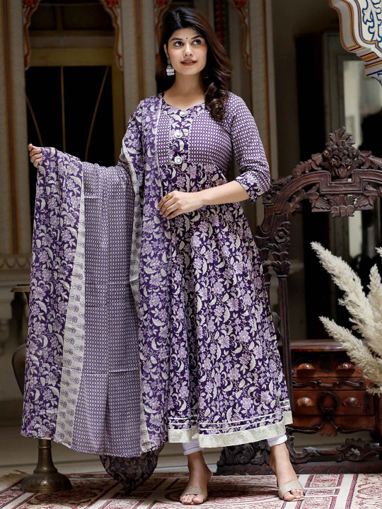 MIRAVAN Floral Printed Sweetheart Neck Cotton Anarkali Kurta With Duppatta