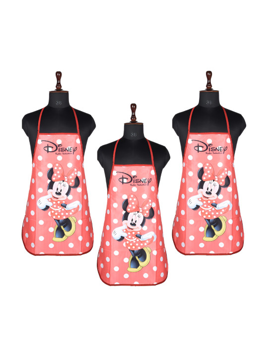 Kuber Industries Red & White 3 Pieces Minnie Printed Waterproof Kitchen Aprons