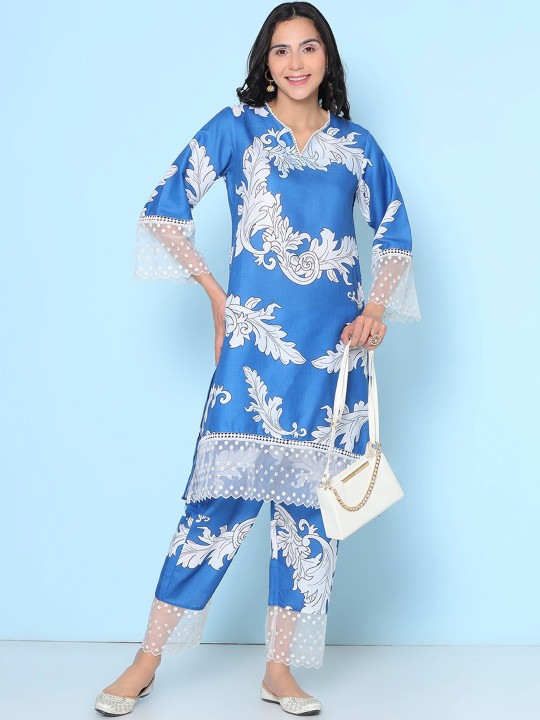 Bhama Couture Floral Printed Notch Neck Straight Kurta With Trousers