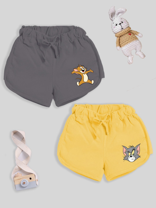 YK X Minute Mirth Girls Assorted Pack of 2 Printed Pure Cotton Shorts
