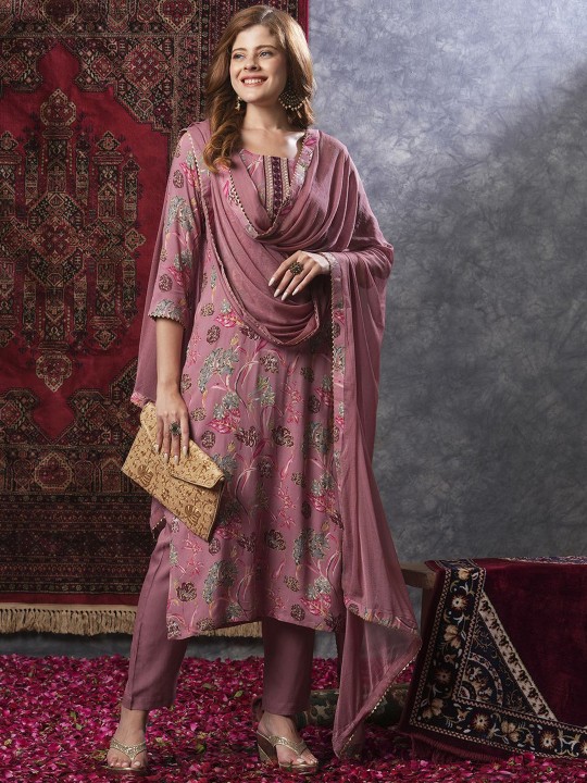 Floral Printed Straight Kurta with Trousers & Dupatta