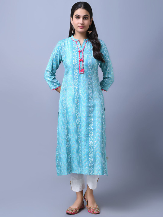 Anouk X fwd Blue Bandhani Printed Mandarin Collar Straight Kurta