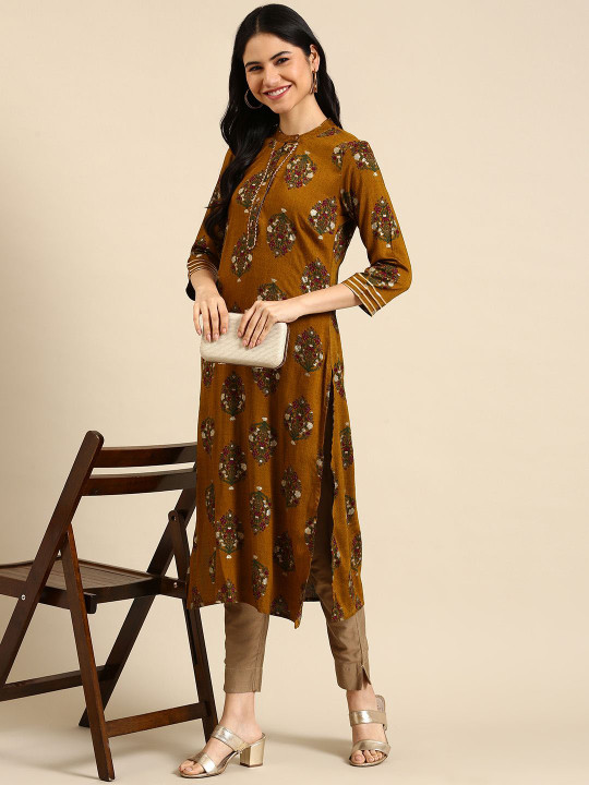 Anouk Mustard Yellow Floral Printed Mandarin Collar Pure Cotton Straight Kurta