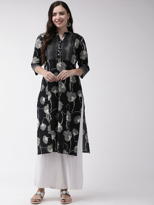 Anouk X fwd Black Floral Printed Mandarin Collar Pure Cotton Straight Kurta