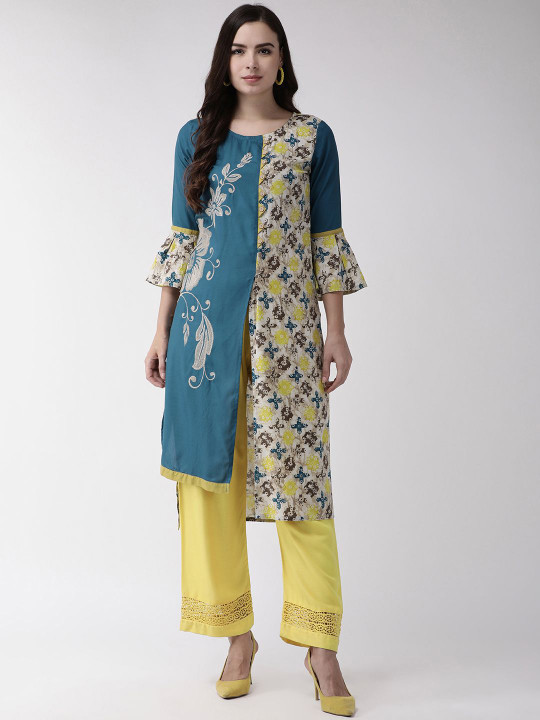 Anouk X fwd Teal Blue Printed Flared Sleeves Thread Work Pure Cotton Straight Kurta