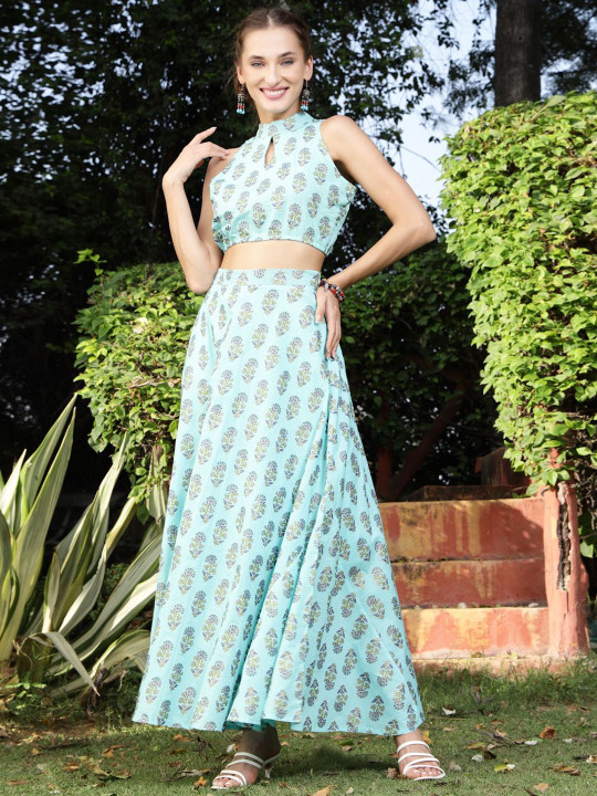 Sera Printed Halter Neck Sleeveless Pure Cotton Ethnic Top With Skirts