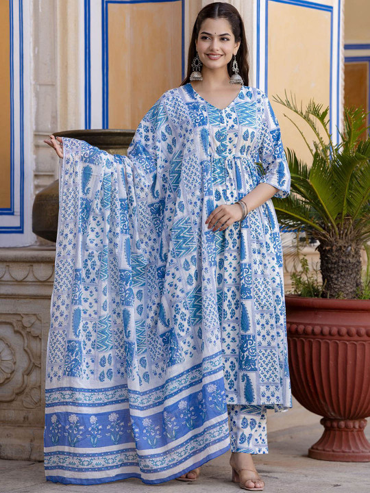 Nayo Ethnic Motifs Printed Regular Pure Cotton Kurta with Trousers & Dupatta