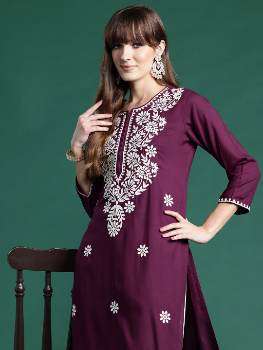 Indo Era Women Floral Embroidered Thread Work Kurta
