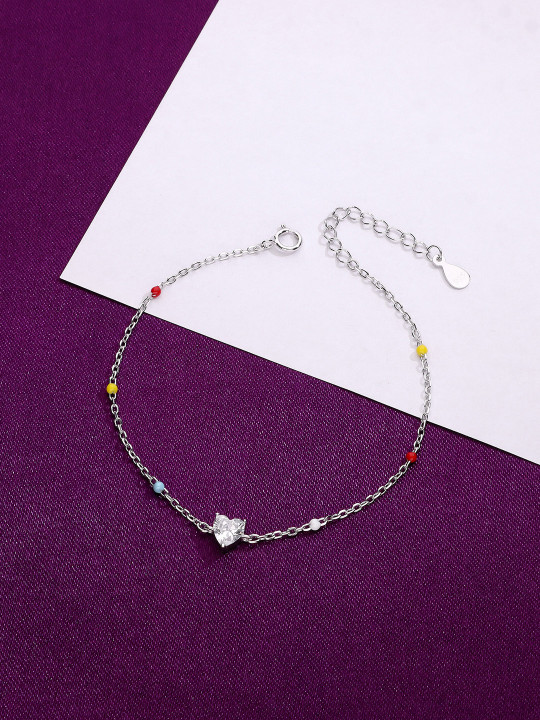 KAI JEWEL Sterling Silver CZ Studded Rhodium-Plated Minimalistic Link Bracelet