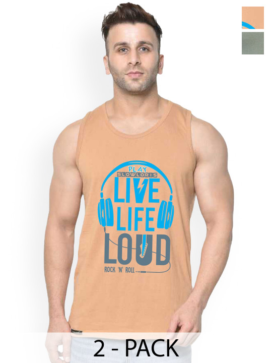 SLOWLORIS Pack Of 2 Men Printed Sleeveless Gym Innerwear Vests