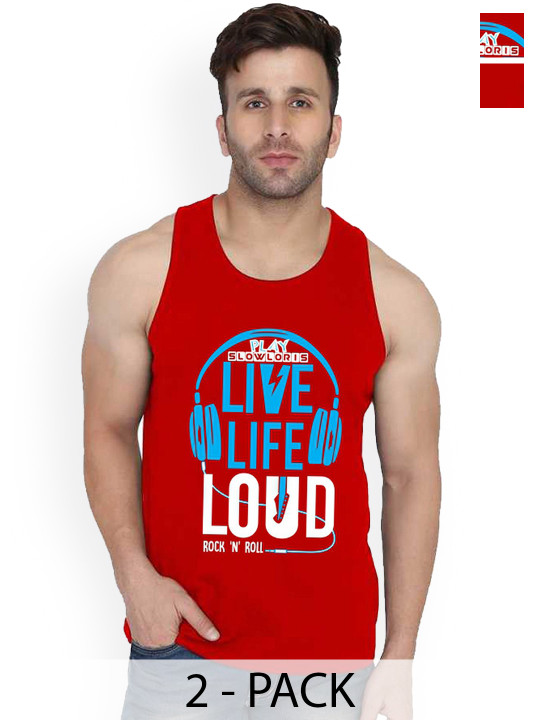 SLOWLORIS Pack Of 2 Printed Sleeveless Gym Vests SL26 COMBO (LOUD RED) (ADV RED)